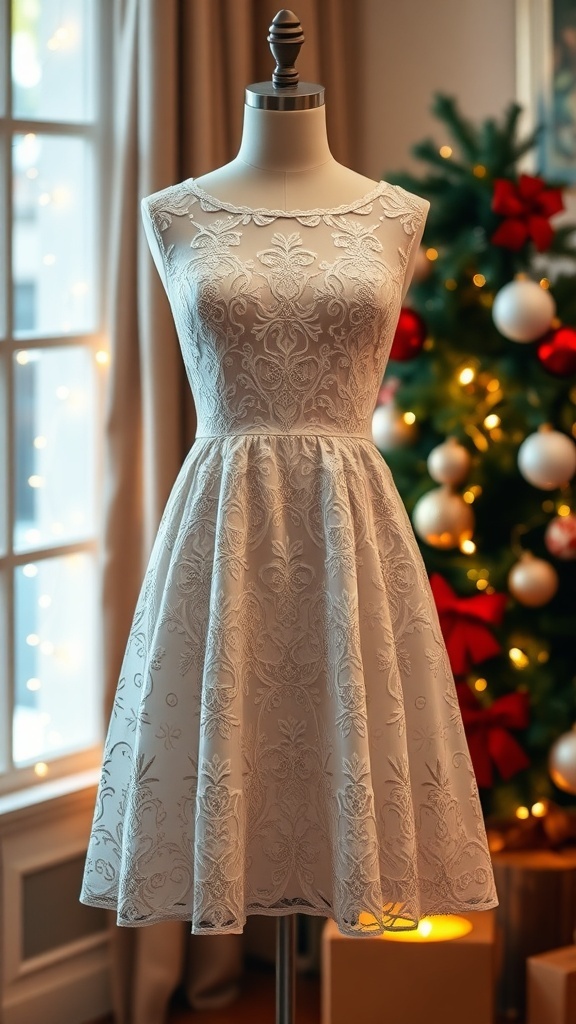 An elegant lace Christmas dress on a mannequin, showcasing intricate details and a festive atmosphere.